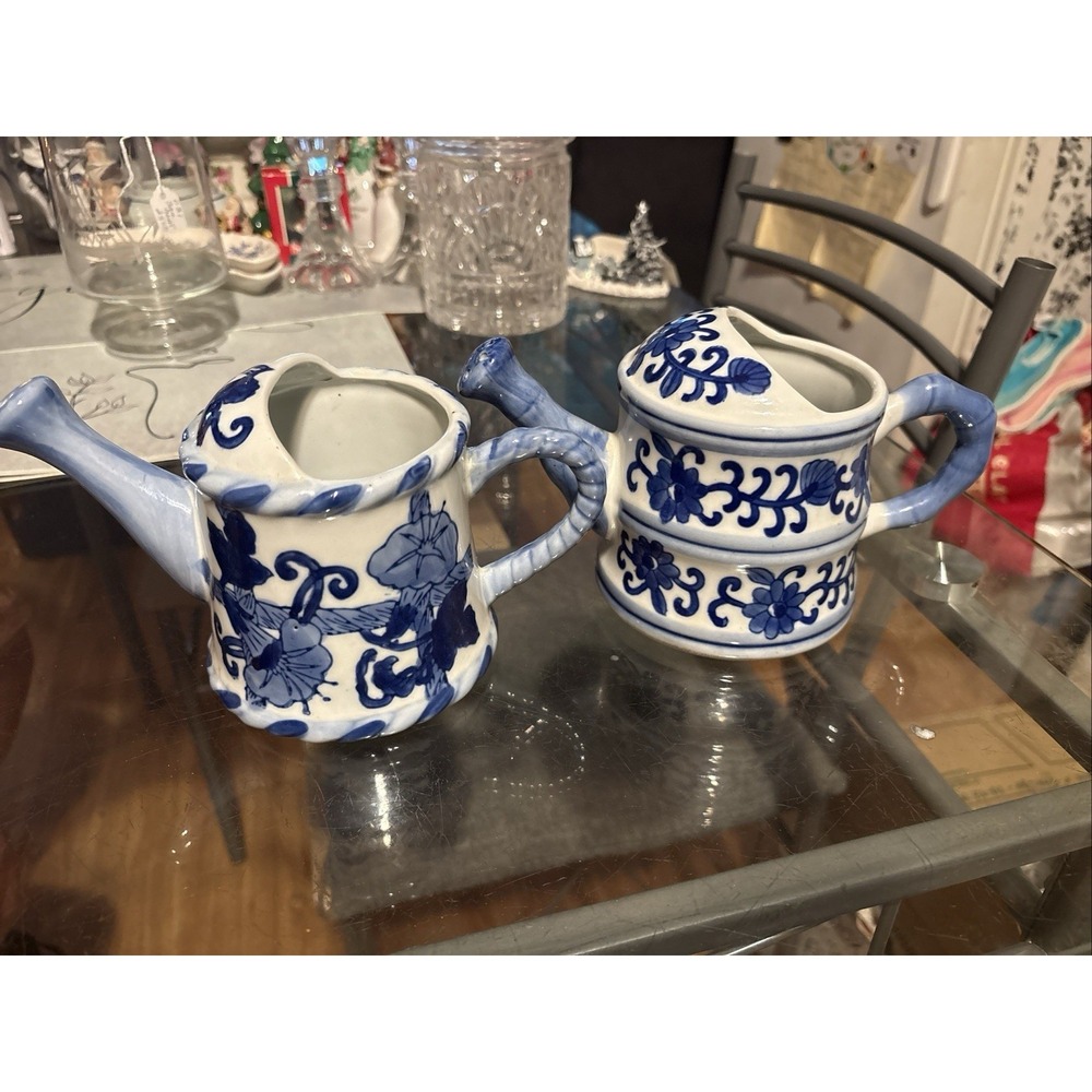 Vintage Blue and White Ceramic Mini Watering Cans Set of 2 Porcelain Floral 4.5"